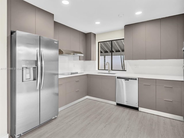 kitchen featuring light wood-type flooring, gray cabinetry, stainless steel appliances, extractor fan, and sink