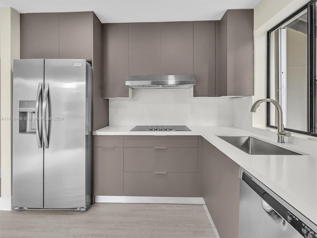 kitchen featuring stainless steel appliances, gray cabinets, light hardwood / wood-style floors, and sink