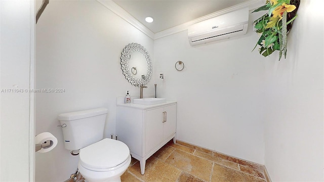 bathroom featuring vanity, toilet, crown molding, and a wall mounted AC