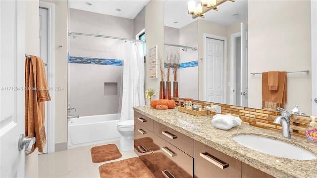 full bathroom featuring vanity, tile patterned floors, decorative backsplash, toilet, and shower / tub combo with curtain