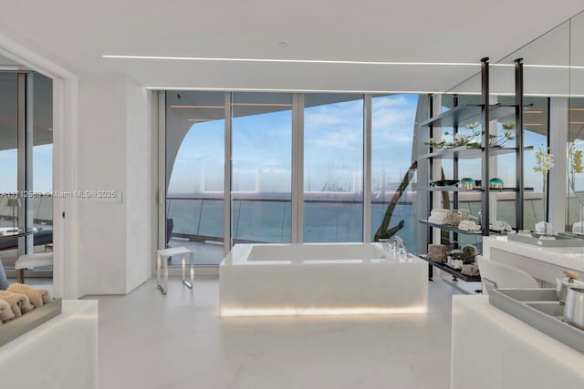 bathroom featuring a bathing tub, a water view, and a wall of windows