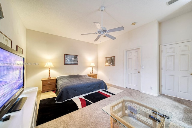 bedroom featuring carpet flooring, ceiling fan, and lofted ceiling