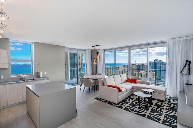 living room with floor to ceiling windows, sink, a water view, and light hardwood / wood-style floors