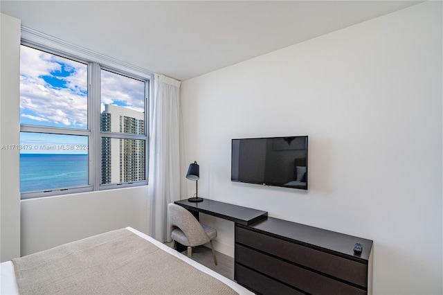 bedroom featuring a water view