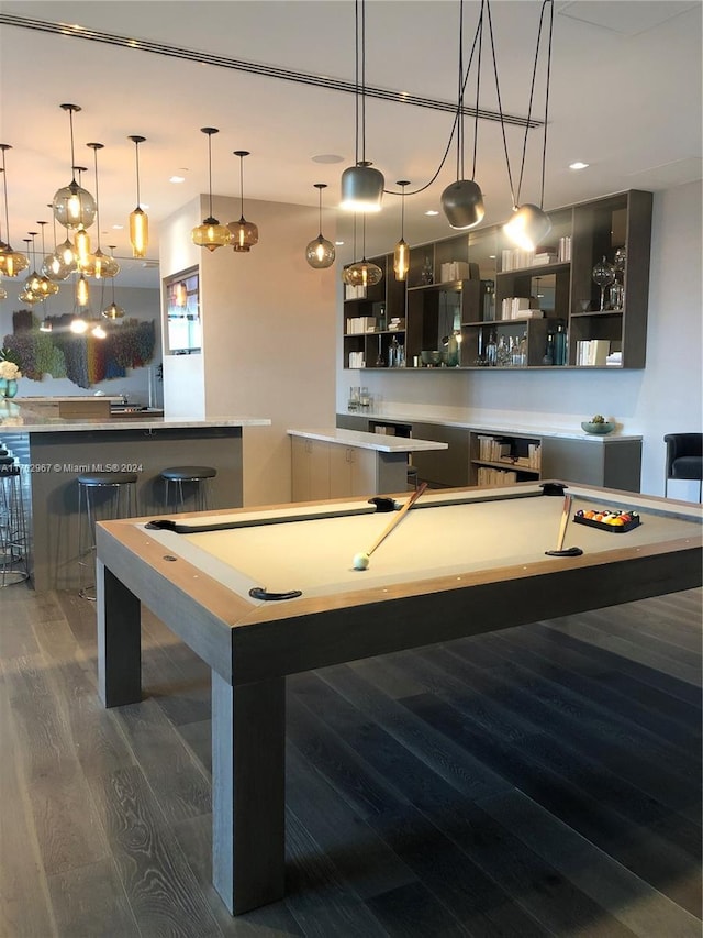 game room with dark wood-type flooring and billiards