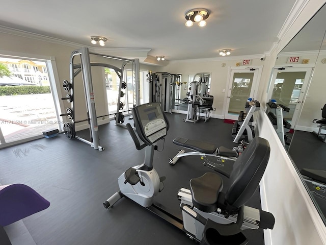 workout area with ornamental molding