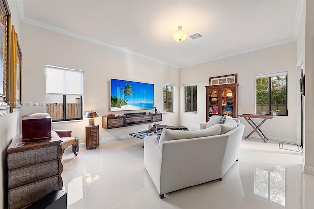 tiled living room with ornamental molding