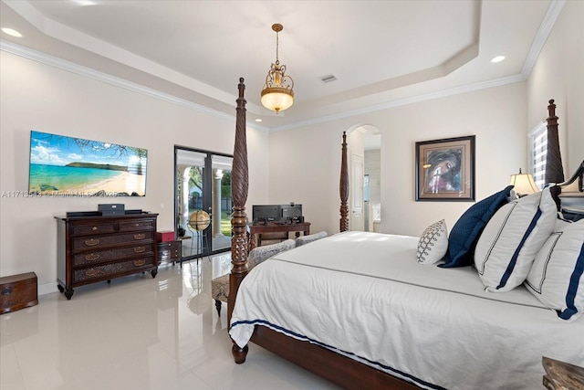 bedroom with a raised ceiling, light tile patterned flooring, access to exterior, and ornamental molding