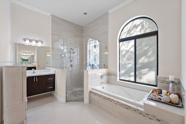 bathroom featuring shower with separate bathtub, vanity, and ornamental molding