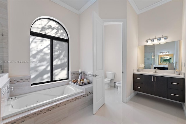 bathroom featuring tiled bath, ornamental molding, toilet, vanity, and a bidet