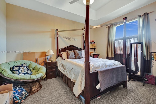 bedroom with light carpet, ceiling fan, and vaulted ceiling