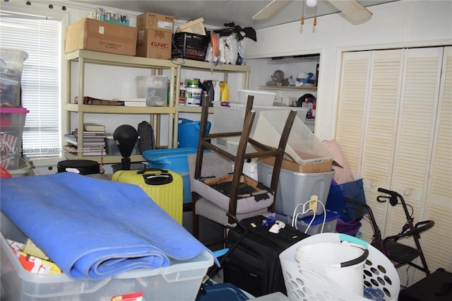 storage area featuring ceiling fan