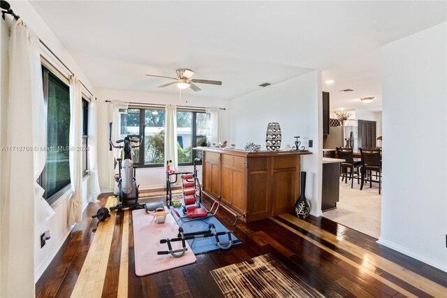 workout room featuring ceiling fan and dark hardwood / wood-style flooring