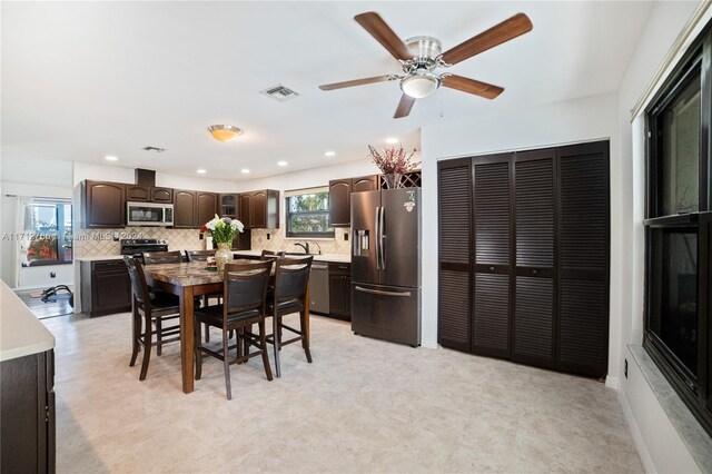 dining space with plenty of natural light and ceiling fan