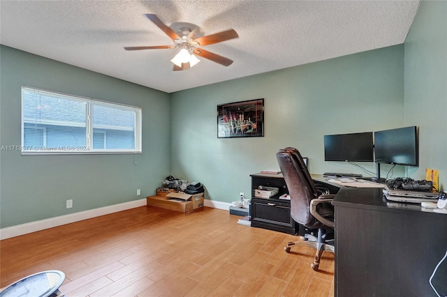 office area featuring a textured ceiling, light hardwood / wood-style flooring, and ceiling fan