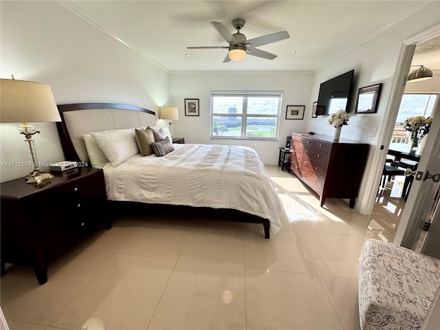 bedroom with ceiling fan, light tile patterned floors, and ornamental molding