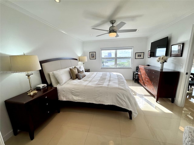 bedroom featuring ceiling fan, ornamental molding, and light tile patterned floors