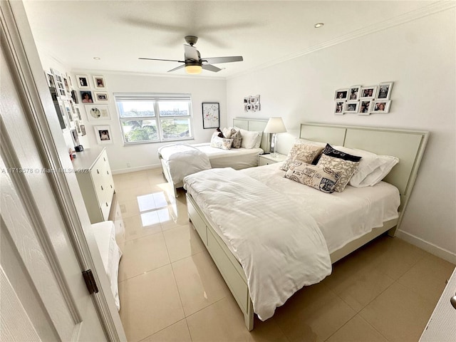 bedroom featuring light tile patterned floors, ceiling fan, and crown molding