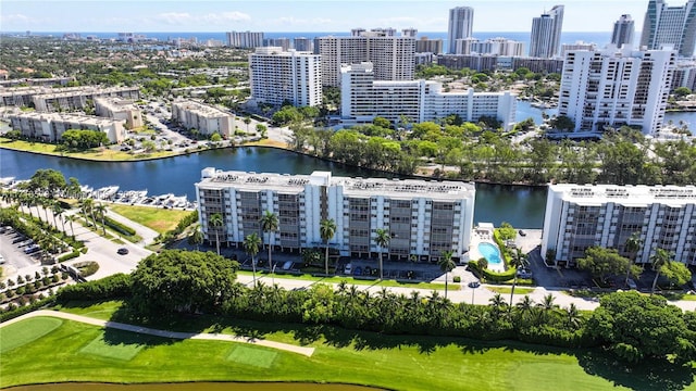 bird's eye view with a water view