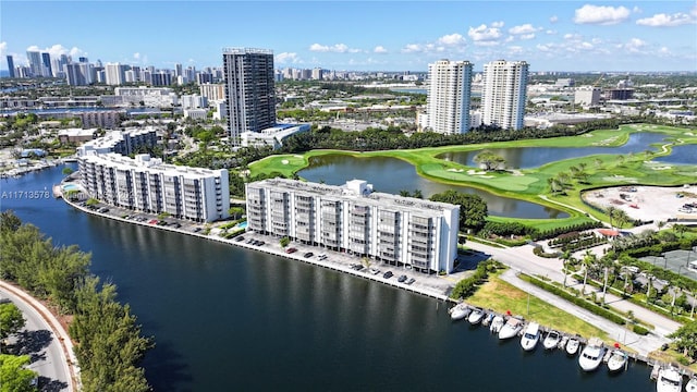 bird's eye view with a water view