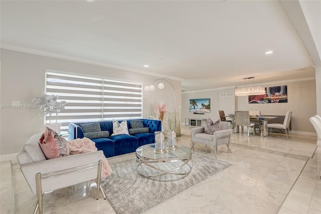 living room featuring ornamental molding