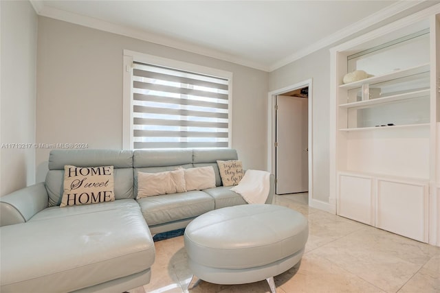 tiled living room featuring crown molding