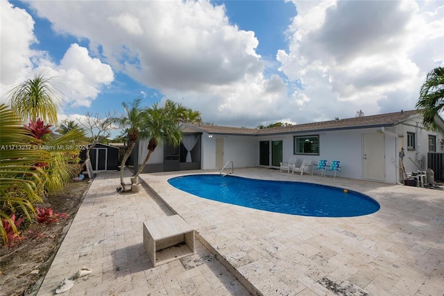 view of pool with a patio area and a storage shed