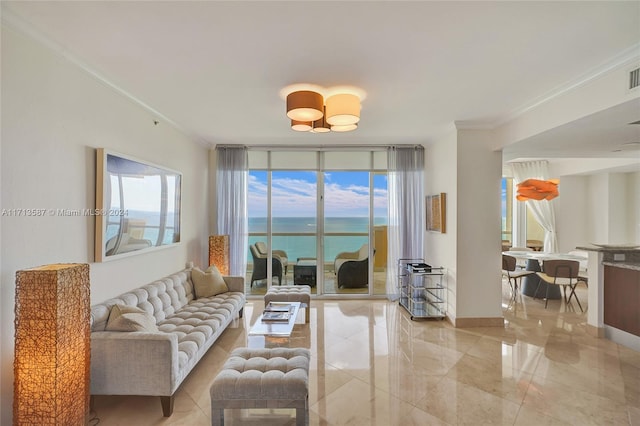 living room featuring a water view, floor to ceiling windows, and ornamental molding