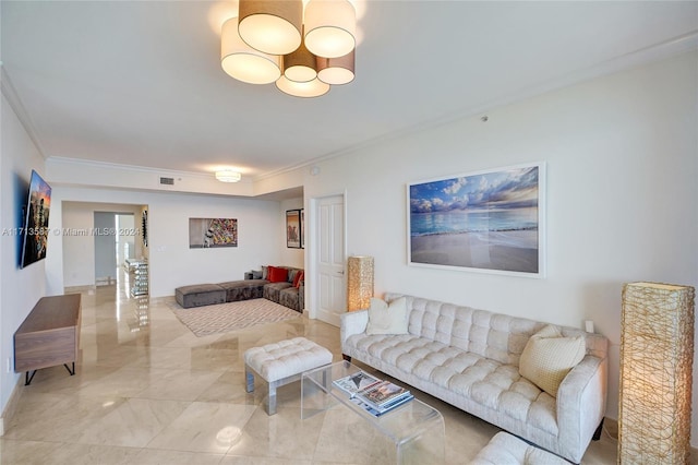 living room with crown molding