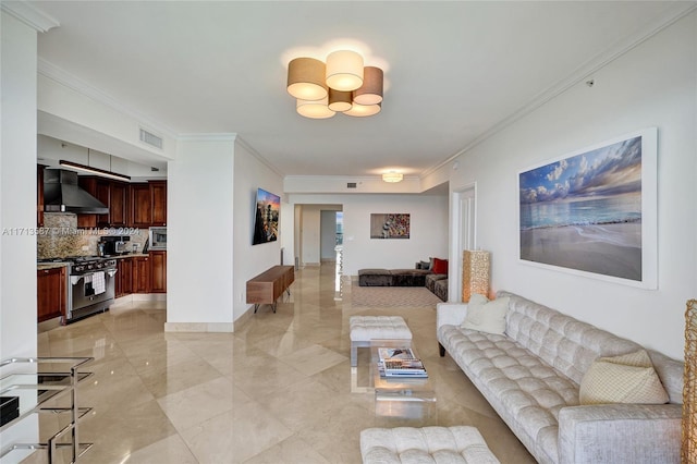 living room with ornamental molding