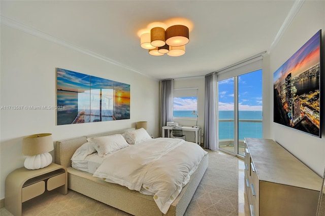 bedroom featuring crown molding, expansive windows, and access to outside