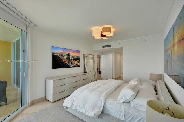 tiled bedroom with access to exterior and ornamental molding