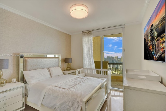 bedroom with access to exterior, light tile patterned floors, and crown molding