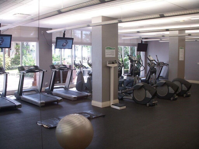 exercise room with a healthy amount of sunlight and baseboards