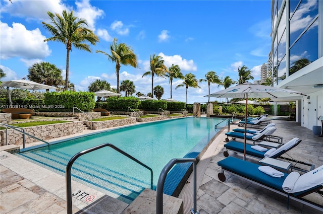 view of swimming pool featuring a patio area