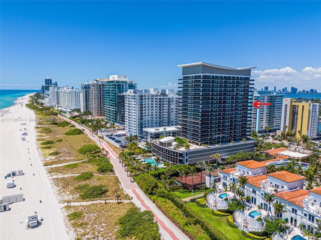 drone / aerial view with a water view and a view of the beach