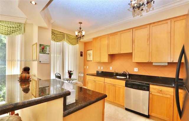 kitchen featuring tasteful backsplash, sink, stainless steel dishwasher, a notable chandelier, and crown molding