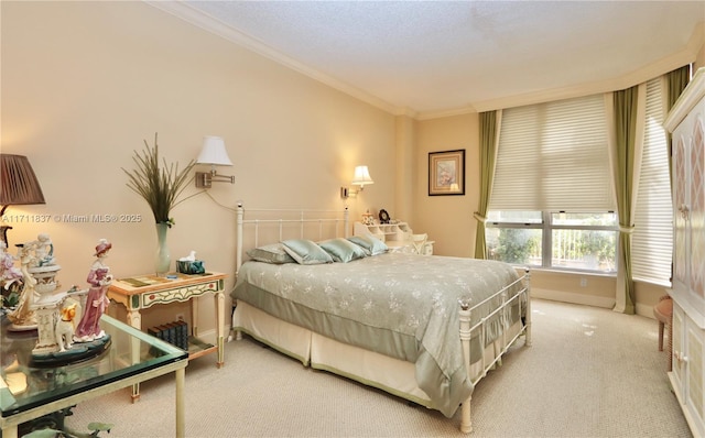 carpeted bedroom with crown molding