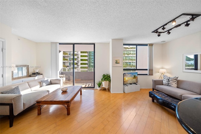 living room with floor to ceiling windows, light hardwood / wood-style flooring, rail lighting, and a textured ceiling