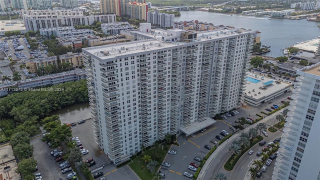 drone / aerial view with a water view