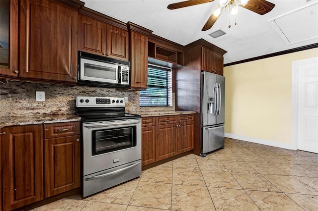 kitchen with crown molding, ceiling fan, light stone countertops, tasteful backsplash, and stainless steel appliances