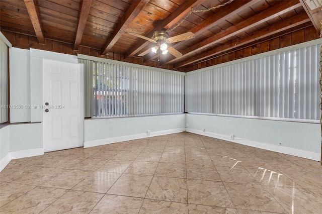 empty room with ceiling fan, beam ceiling, and wooden ceiling