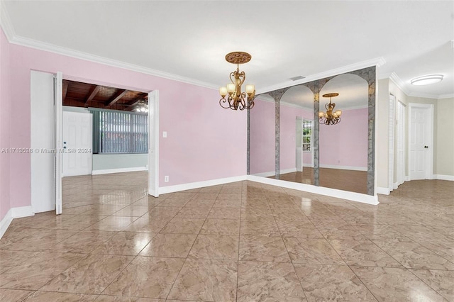 unfurnished room featuring a chandelier, ornamental molding, and wood ceiling