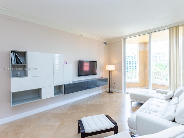 living room with ornamental molding