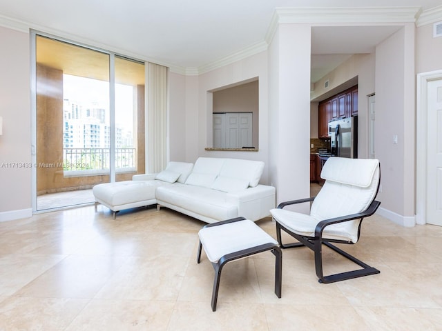 living room with crown molding