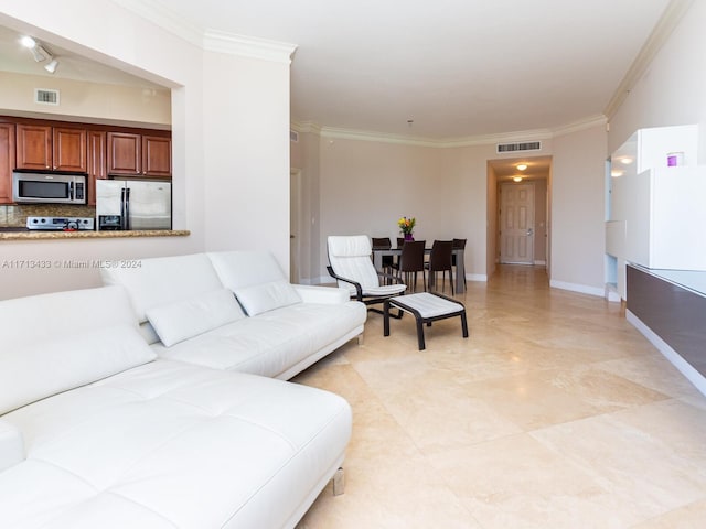 living room with crown molding