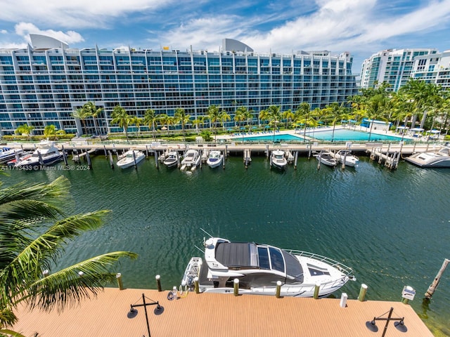 property view of water with a dock