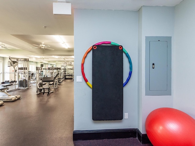 gym with electric panel and ceiling fan