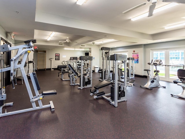 gym featuring french doors and ceiling fan