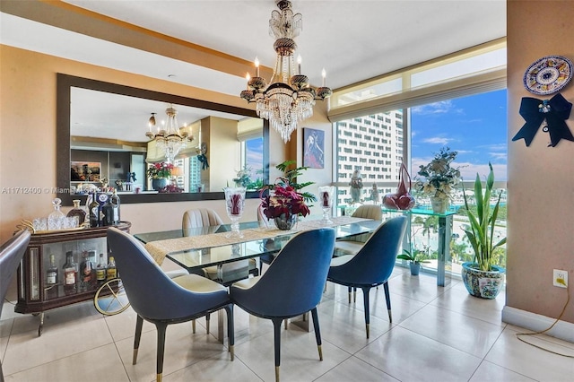 dining space featuring floor to ceiling windows, light tile patterned floors, and a notable chandelier